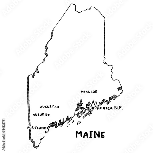 Vector hand drawn map of Maine ME with main cities and US National Parks. US States USNPs black and white illustrated map. Full vector global color swatch different layer for ease of use