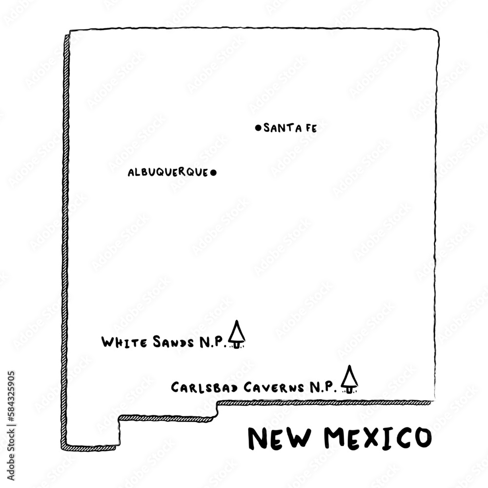 Vector hand drawn map of New Mexico NM with main cities and US National