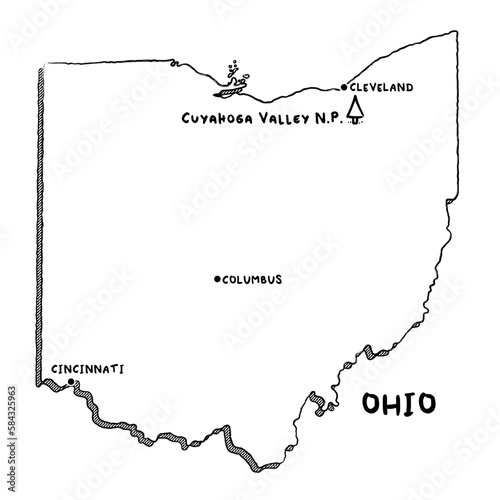 Vector hand drawn map of Ohio OH with main cities and US National Parks. US States USNPs black and white illustrated map. Full vector global color swatch different layer for ease of use