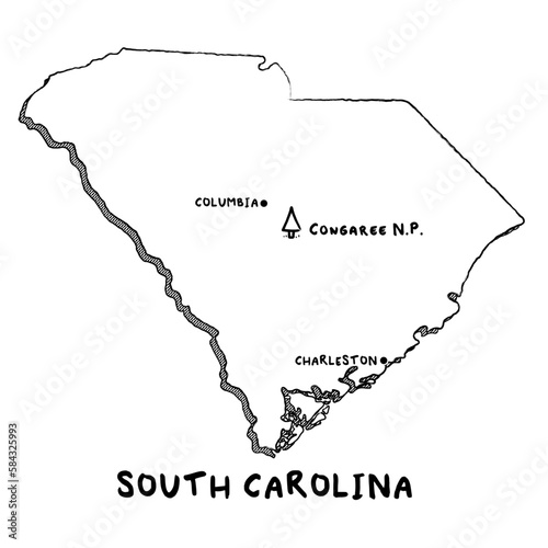 Vector hand drawn map of South Carolina SC with main cities and US National Parks. US States USNPs black and white illustrated map. Full vector global color swatch different layer for ease of use