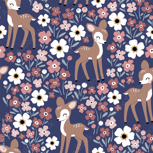 Seamless vector pattern with cute vintage fawn on floral background. Perfect for textile, wallpaper or print design.