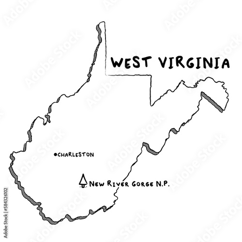 Vector hand drawn map of West Virginia WV with main cities and US National Parks. US States USNPs black and white illustrated map. Full vector global color swatch different layer for ease of use