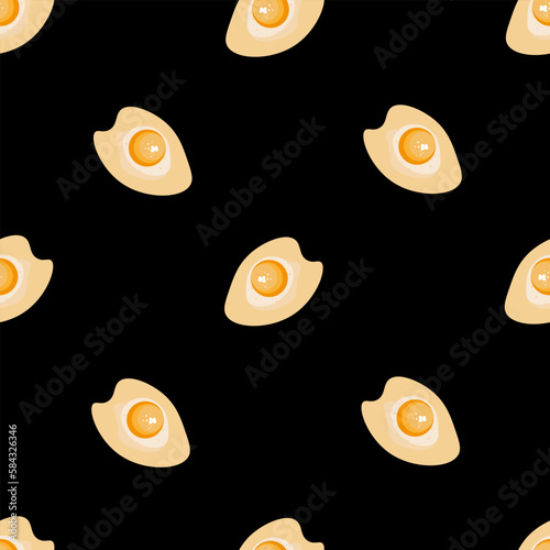 Seamless pattern with fried eggs on a black background. Wallpaper for kitchen. Bed linen and textile print.