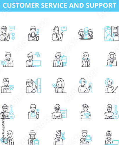 Customer service and support vector line icons set. Customer, Service, Support, Help, Assistance, Inquiry, Query illustration outline concept symbols and signs