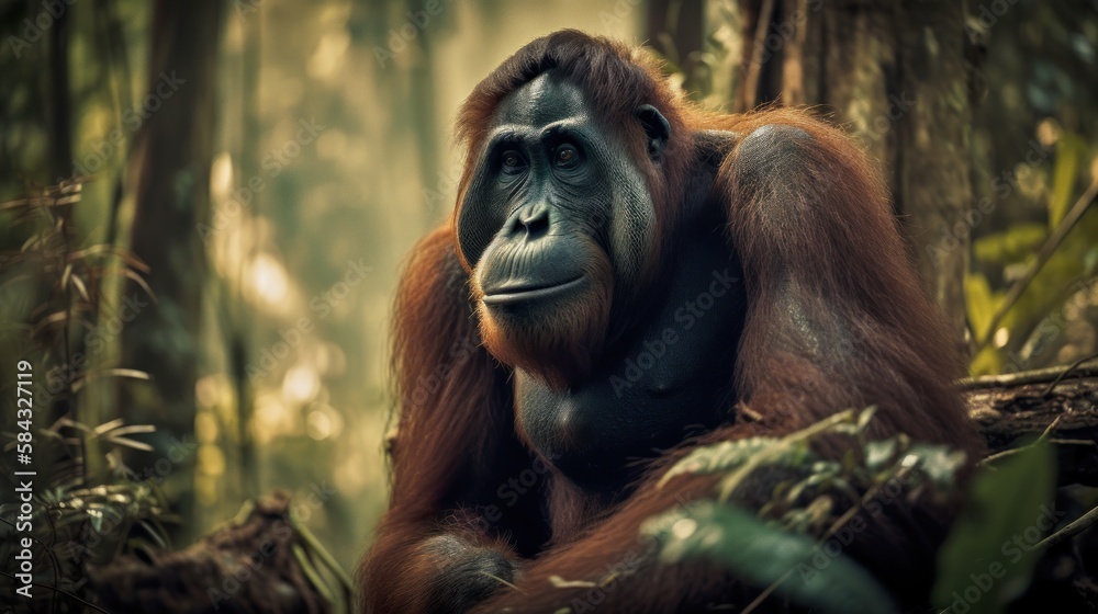 Cute Orangutan captured in tropical forrest. Gen AI