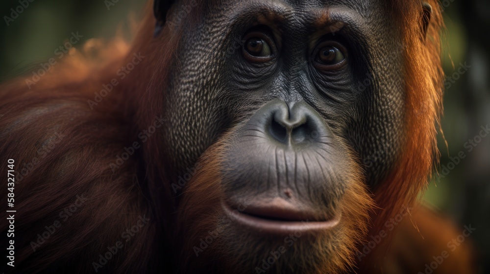 Fototapeta premium Cute Orangutan captured in tropical forrest. Gen AI