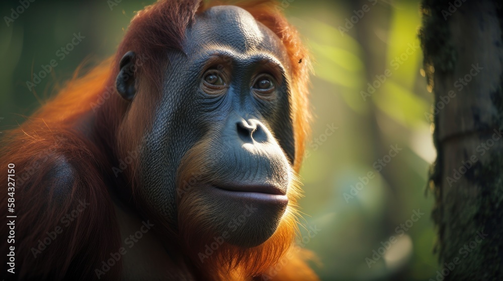 Naklejka premium Cute Orangutan captured in tropical forrest. Gen AI