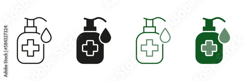 Hygiene Product Symbol Collection. Hand Sanitizer Bottle Line and Silhouette Icon Set. Antiseptic Liquid, Sanitizer to Kill Bacteria. Disinfection Alcohol Pump Bottle. Isolated Vector illustration