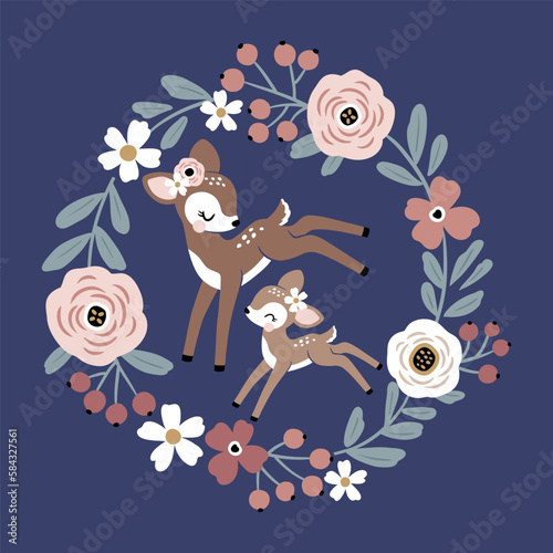 Cute vintage deer mom and baby with summer flowers.  Perfect for tee shirt logo, greeting card, poster, invitation or print design.
