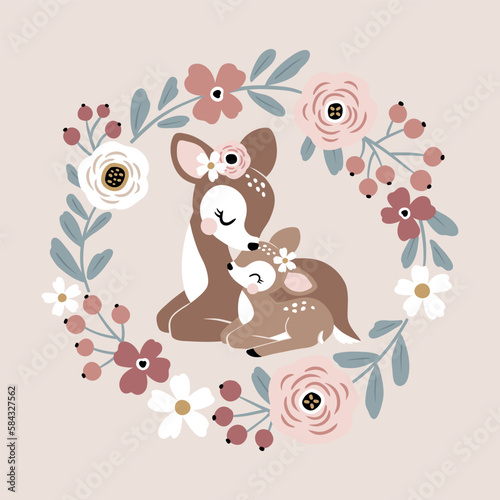 Cute vintage deer mom and baby with summer flowers. Perfect for tee shirt logo, greeting card, poster, invitation or print design.