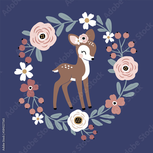 Cute vintage deer mom and baby with summer flowers.  Perfect for tee shirt logo, greeting card, poster, invitation or print design.