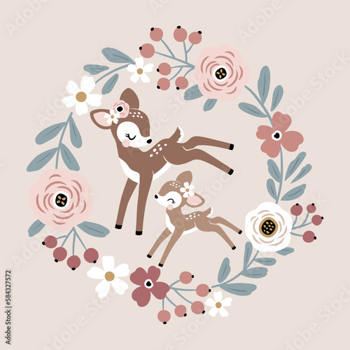 Cute vintage fawn mom and baby with summer flowers.  Perfect for tee shirt logo, greeting card, poster, invitation or print design.