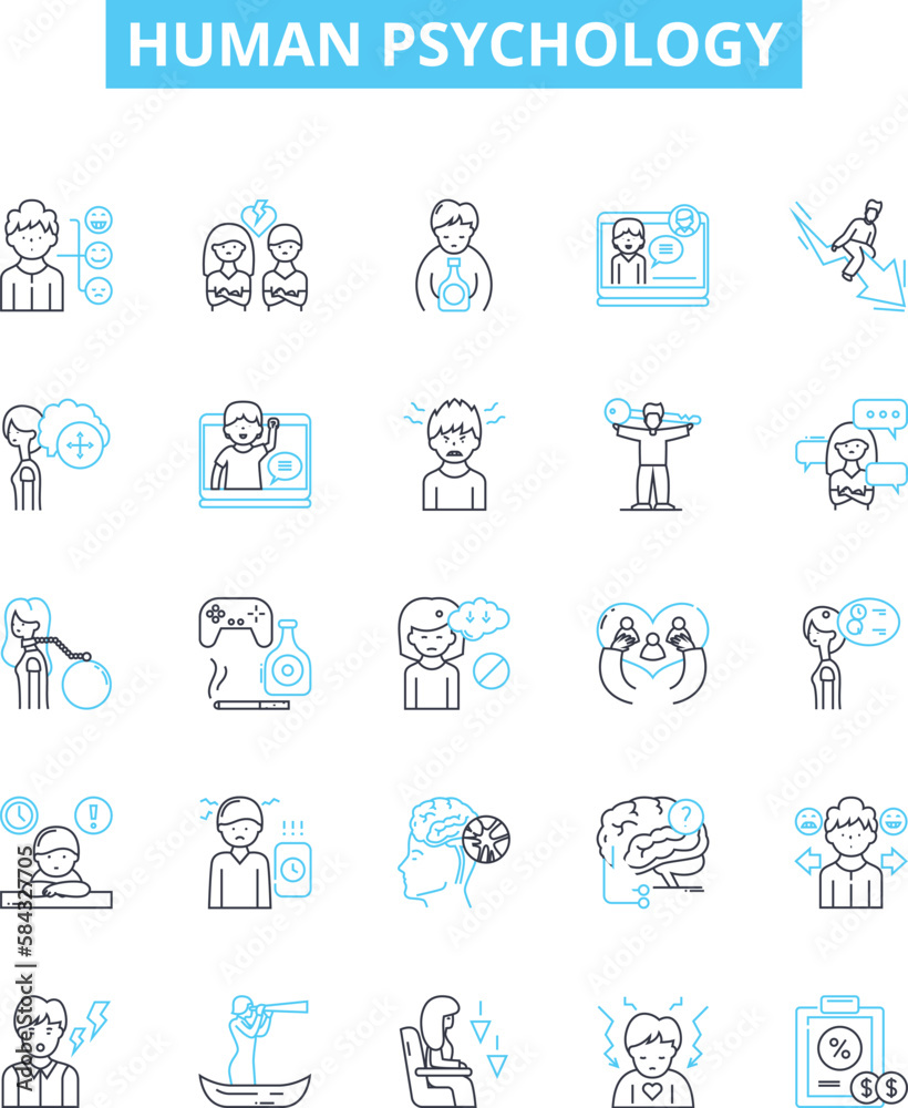 Human psychology vector line icons set. Personality, behavior, cognition, emotions, neuroscience, neuropsychology, psychoanalysis illustration outline concept symbols and signs