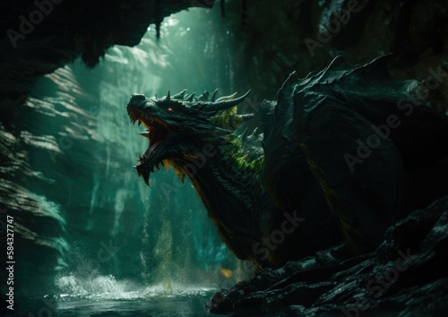 Obraz na plátně evil green dragon appearing waterfall creature hunter shape head still avengers