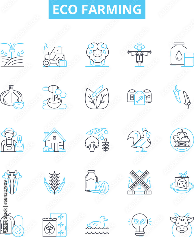 Eco farming vector line icons set. Eco-farming, Sustainable, Organic, Agriculture, Green, Regenerative, Environment illustration outline concept symbols and signs Eco farming vector line icons set. Eco-farming, Sustainable, Organic, Agriculture, Green, Regenerative, Environment illustration outline concept symbols and signs