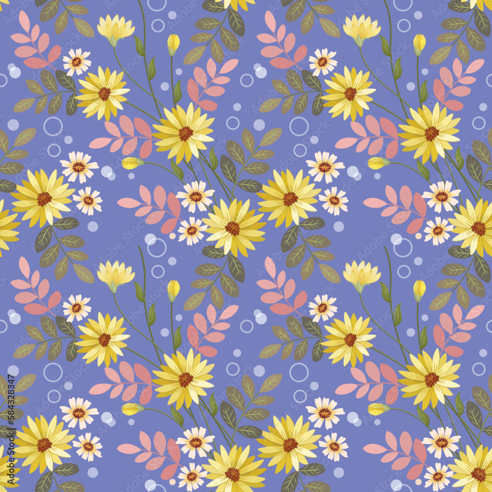 Beautiful blooming flowers on purple color background seamless pattern. Can be used for fabric textile wallpaper.