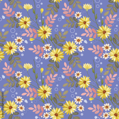 Beautiful blooming flowers on purple color background seamless pattern. Can be used for fabric textile wallpaper. © teerawat