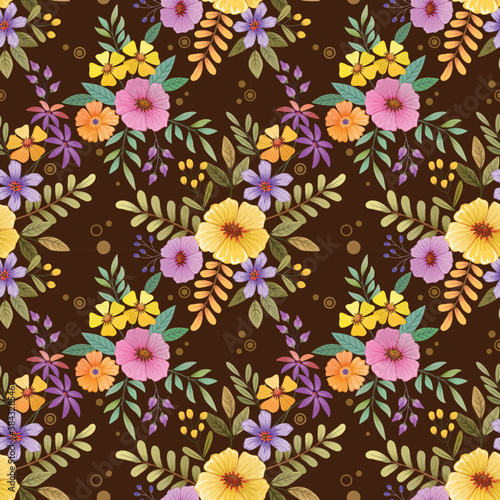 Cute colorful flowers design on brown color background seamless pattern. © teerawat