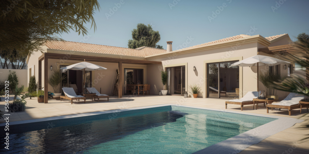 Vue extérieure d'une villa spacieuse et moderne de style Méditerranéen avec piscine et mobilier de jardin  - Générer par IA