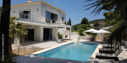 Vue extérieure d'une villa spacieuse et moderne de style Méditerranéen avec piscine et mobilier de jardin  © Sébastien Jouve