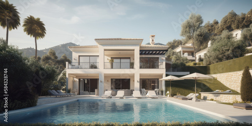 Vue extérieure d'une villa spacieuse et moderne de style Méditerranéen avec piscine et mobilier de jardin 