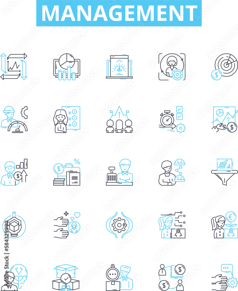 Management vector line icons set. Organizing, Planning, Leading, Assessing, Controlling, Directing, Scheduling illustration outline concept symbols and signs