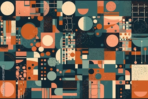 Geometric pattern background of vector Scandinavian abstract color or Swiss geometry prints design with rectangles, squares and circles, Generative AI
