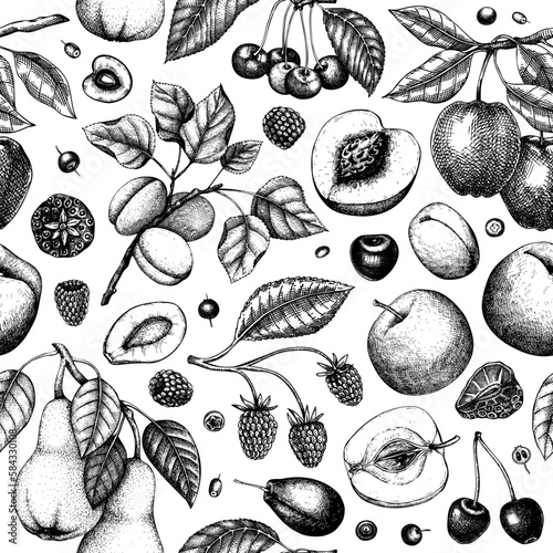 Berry and fruit tree background in color. Hand drawn cherry, plum, apple, peach, apricot, raspberry, strawberry in sketch style. Healthy food seamless pattern in vintage style.