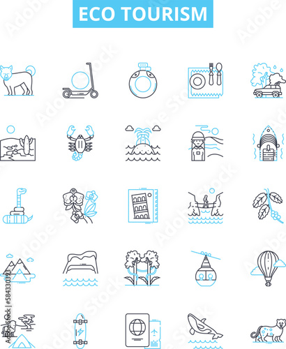 Eco tourism vector line icons set. Eco-tourism, conservation, sustainability, green, ecology, carbon, recycling illustration outline concept symbols and signs