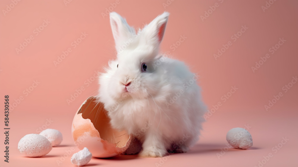 Fototapeta premium Little and cute white fluffy bunny next to some Easter eggs, Generative AI