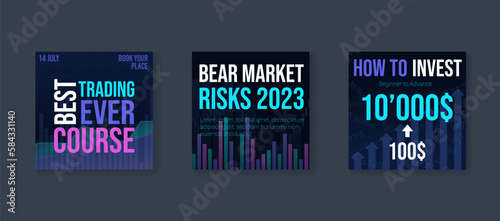 Stock trading poster set for schools and courses. Advertising promo pages with candle stick chart graphs and editable text. Social media post vector templates
