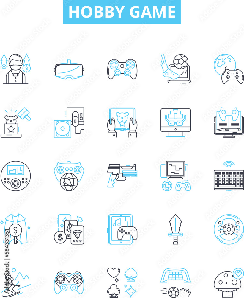 Hobby game vector line icons set. Gaming, Tabletop, Role-Playing, Fishing, Painting, Woodworking, Astronomy illustration outline concept symbols and signs