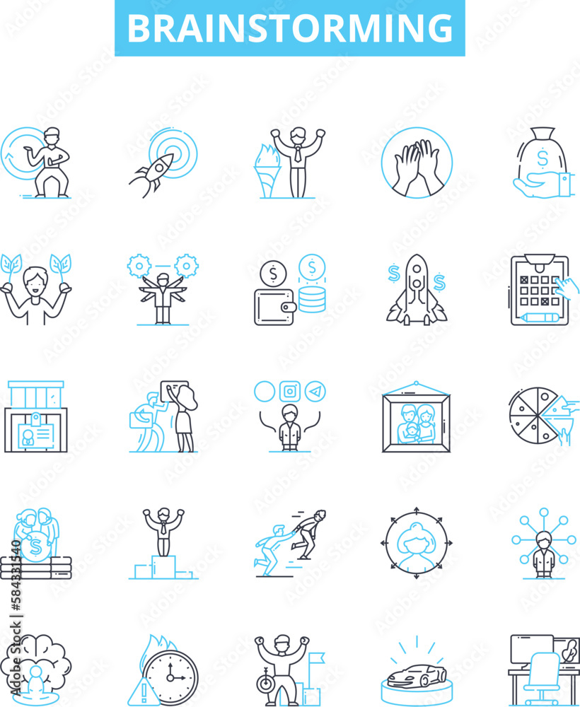 Brainstorming vector line icons set. Ideating, Brainstorming, Contemplating, Thinking, Ponder, Planning, Analyzing illustration outline concept symbols and signs