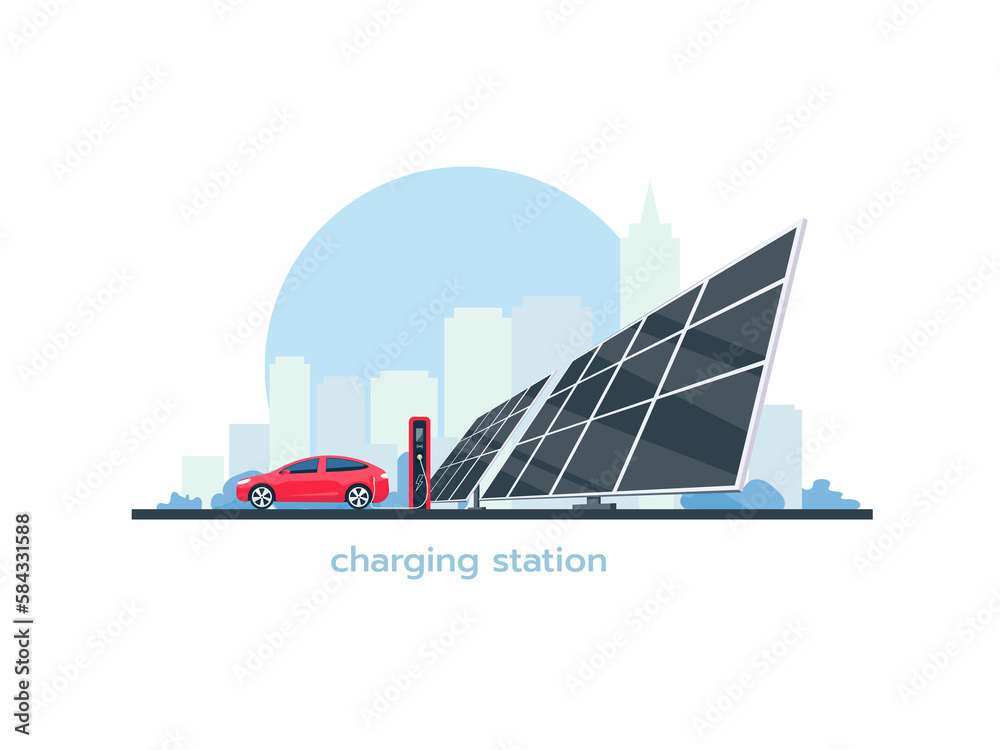 Electric car is charging. Charging station and solar panels on the background of the cityscape. Illustration of Renewable energy.