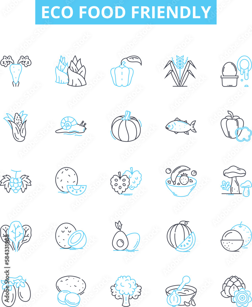 Eco food friendly vector line icons set. Eco-friendly, food, organic, sustainable, natural, green, vegetarian illustration outline concept symbols and signs