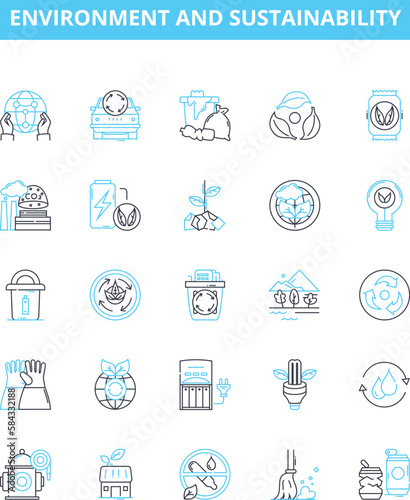 Environment and sustainability vector line icons set. Environment, sustainability, ecology, green, conservation, renewable, air illustration outline concept symbols and signs photo