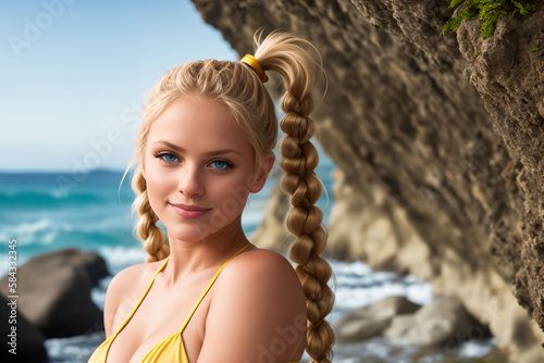 Portrait of a beautiful woman in a bikini on the ocean against the backdrop of palm trees. The girl looks directly into the frame on the beach. Generative AI