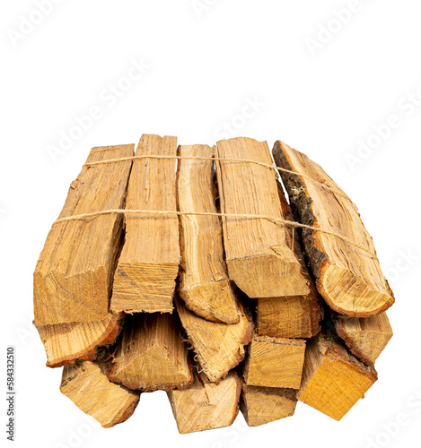 A bundle of firewood tied with a rope. On a white background