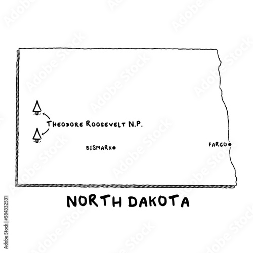Vector hand drawn map of North Dakota ND with main cities and US National Parks. US States USNPs black and white illustrated map. Full vector global color swatch different layer for ease of use