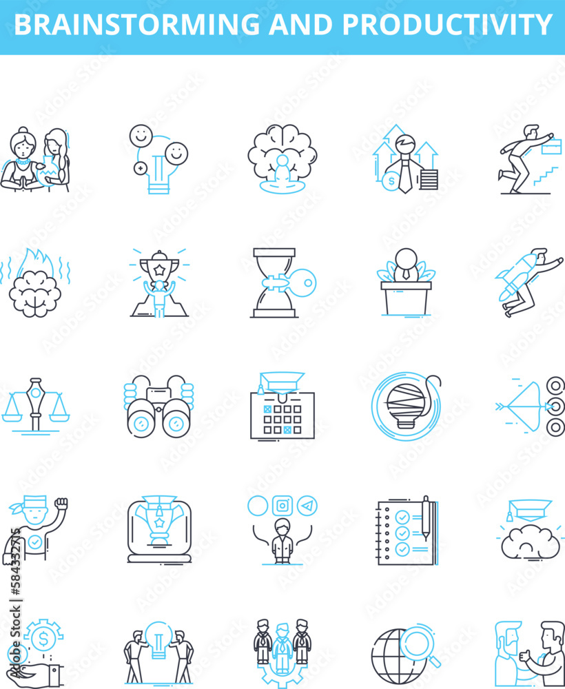 Brainstorming and productivity vector line icons set. Brainstorming, Productivity, Planning, Creativity, Ideas, Thinking, Solutions illustration outline concept symbols and signs