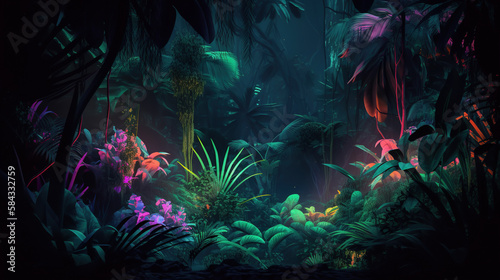 Night tropical jungle background. Atmospheric colorful rainforest. AI