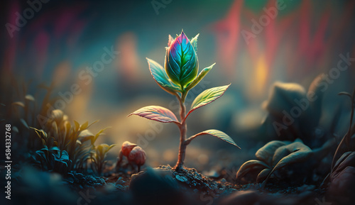 A young green sprout emerges from the soil amidst a blur of vibrant colors in a lush garden setting © Volodymyr Skurtul