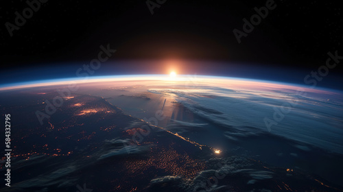 Sunrise over planet Earth. AI