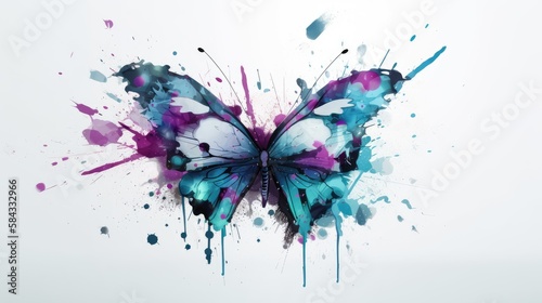 Abstract flying butterfly with blue, purple and cyan blots,  generative ai