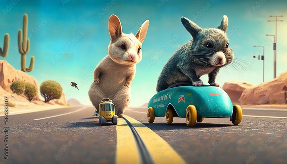 Fototapeta cute little furry animals are skateboarding on the road