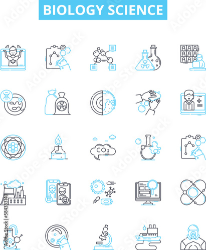 Biology science vector line icons set. Biology, Science, Biochemistry, Cell, Evolution, Genetics, Molecules illustration outline concept symbols and signs