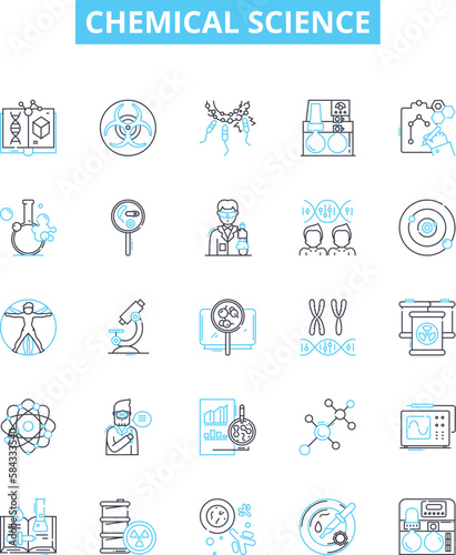 Chemical science vector line icons set. Chemistry, molecules, reactants, compounds, elements, atoms, formulas illustration outline concept symbols and signs