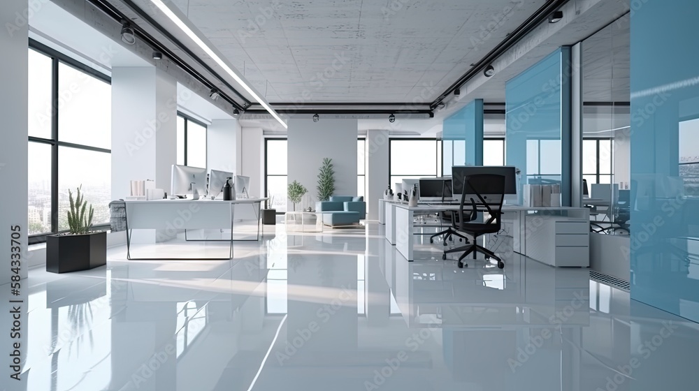 Modern white and blue open space office interior, generative ai