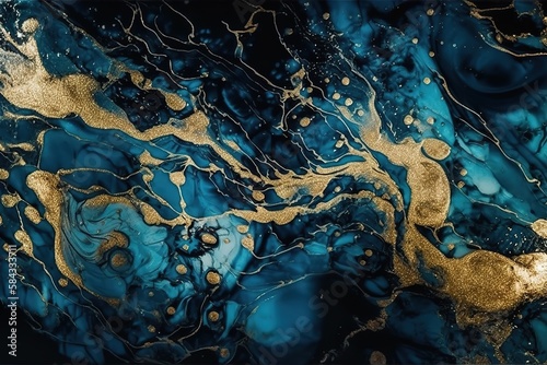 Luxury marble and gold abstract background texture. Aqua Menthe, Phantom Blue, Indigo ocean blue marbling with natural luxury style swirls of marble and gold powder. , Generative AI