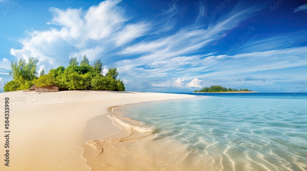 Sandy tropical beach with island on background, generative ai